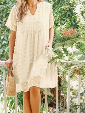 MIHOLL Ivory Swiss Dot Babydoll Dress Pockets Size L